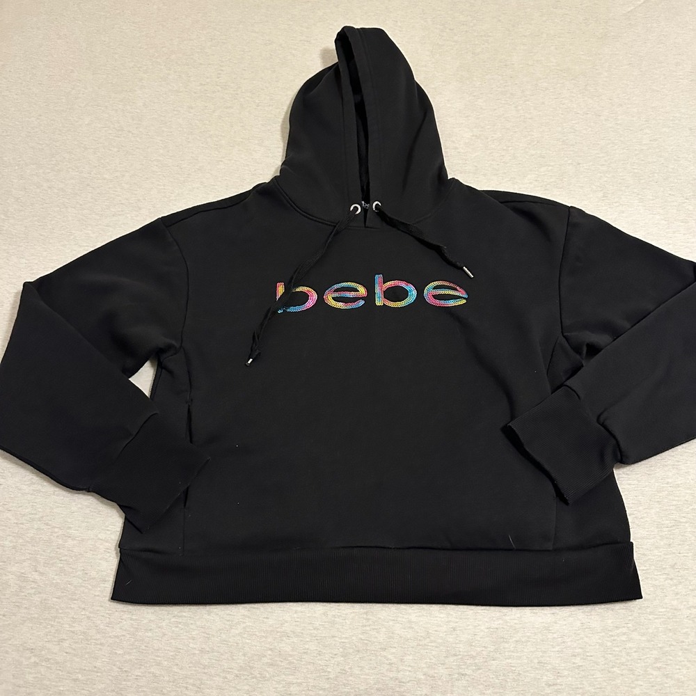 Bebe Sport Womens‎ XL Black Hoodie Rainbow Sequin Logo Pullover Thumbhole Cuffs